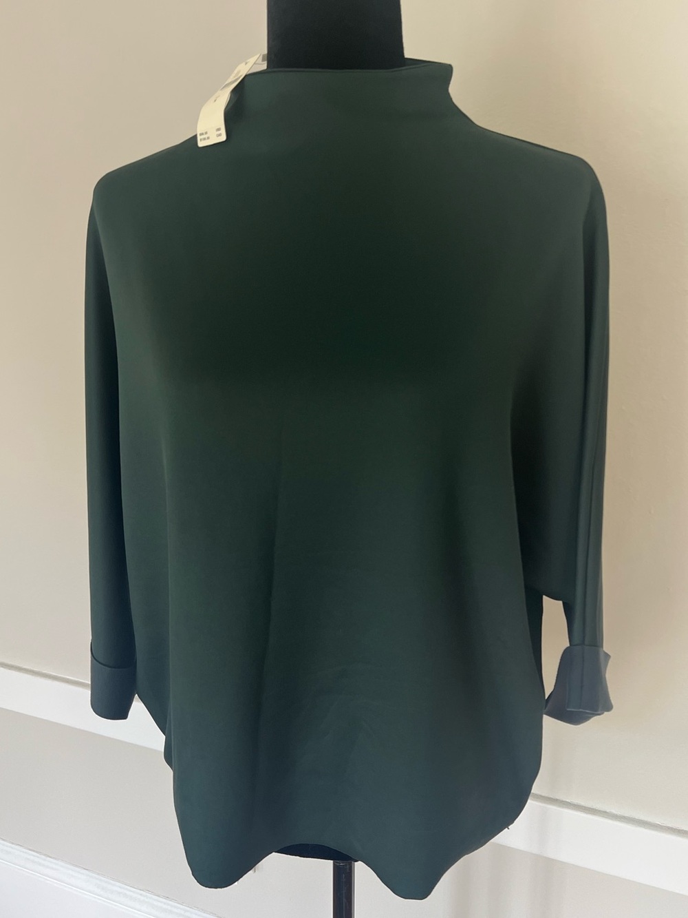 Anthropologie Dark Green Mock Neck Backwing Blouse Top Sz M